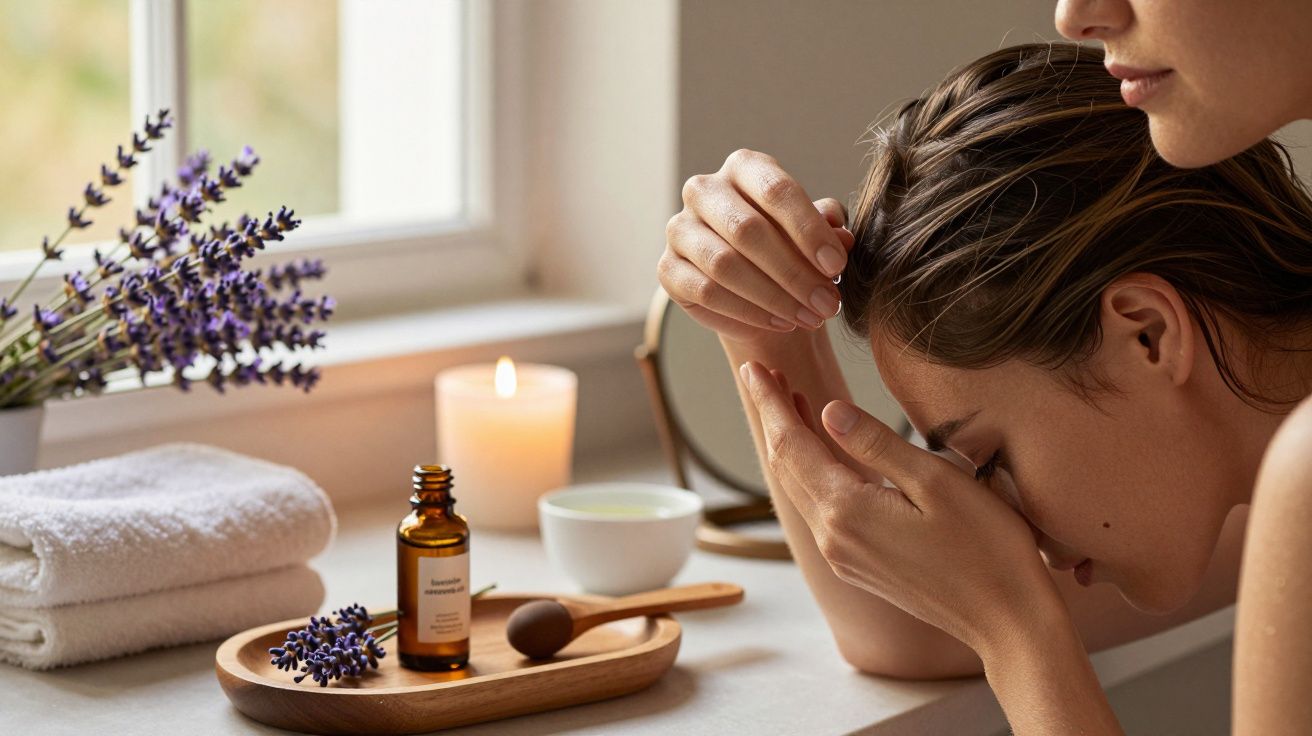Mulher relaxando com óleos essenciais, lavanda e vela numa mesa junto à janela.