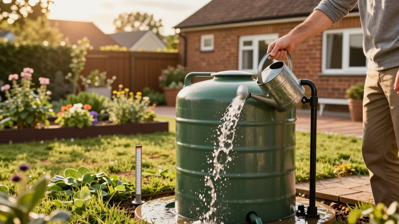 Pessoa a regar um pequeno tanque de armazenamento de água no jardim, com casa ao fundo.