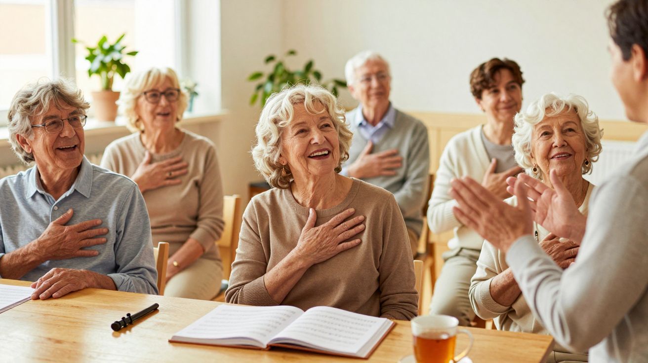 Grupo de idosos sorridentes numa aula, com a mão no peito, em ambiente interior com plantas.
