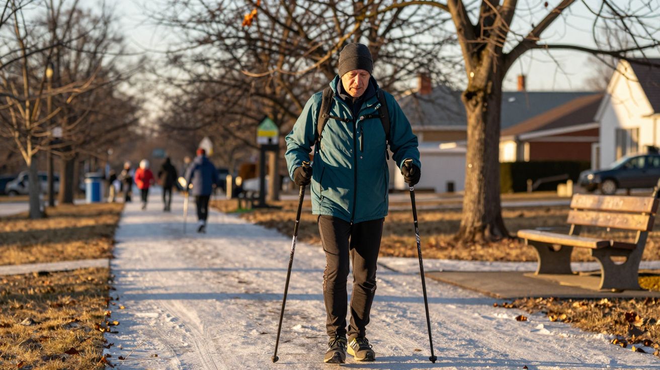Homem usando bastões de trekking num caminho nevado num parque, rodeado de árvores e outras pessoas a caminhar.