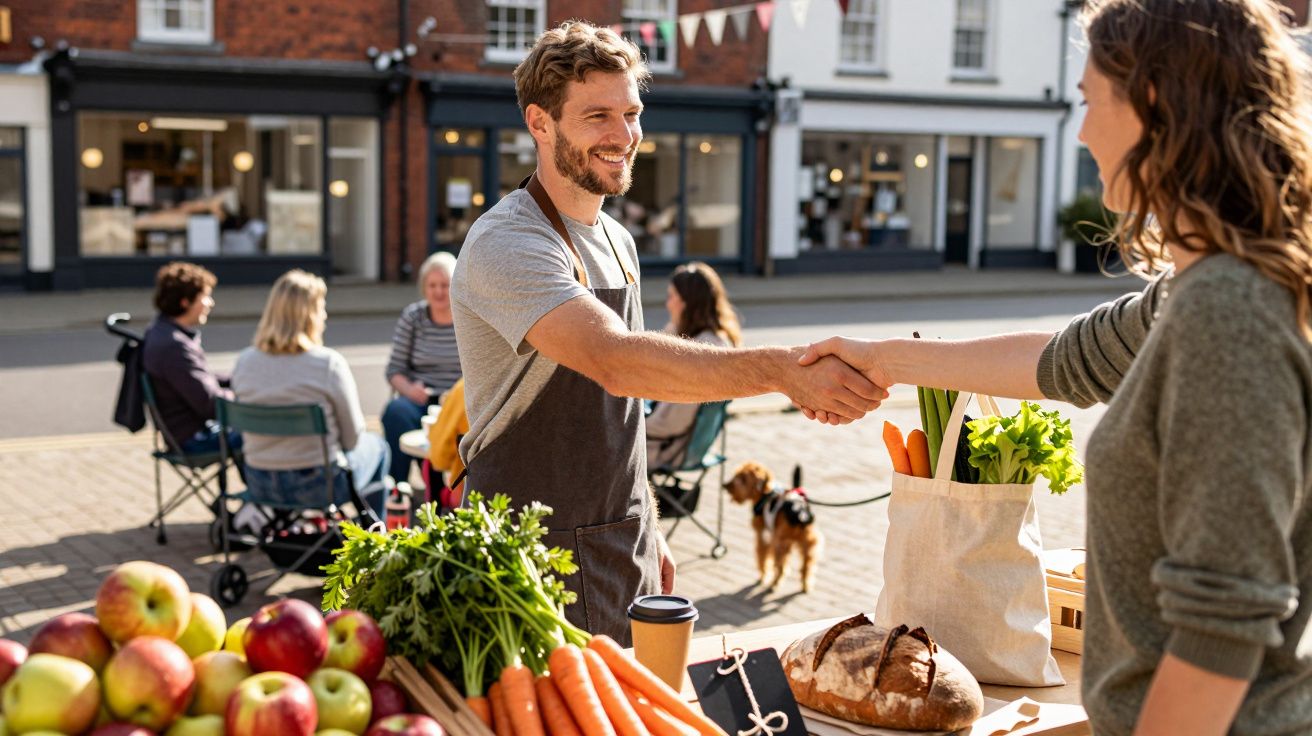 Homem e mulher apertam as mãos em mercado ao ar livre, com frutas e vegetais na banca. Pessoas ao fundo.
