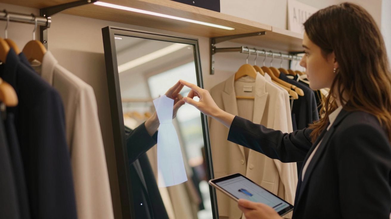 Mulher interage com espelho digital numa loja, segurando tablet. Casacos pendurados em cabides ao fundo.
