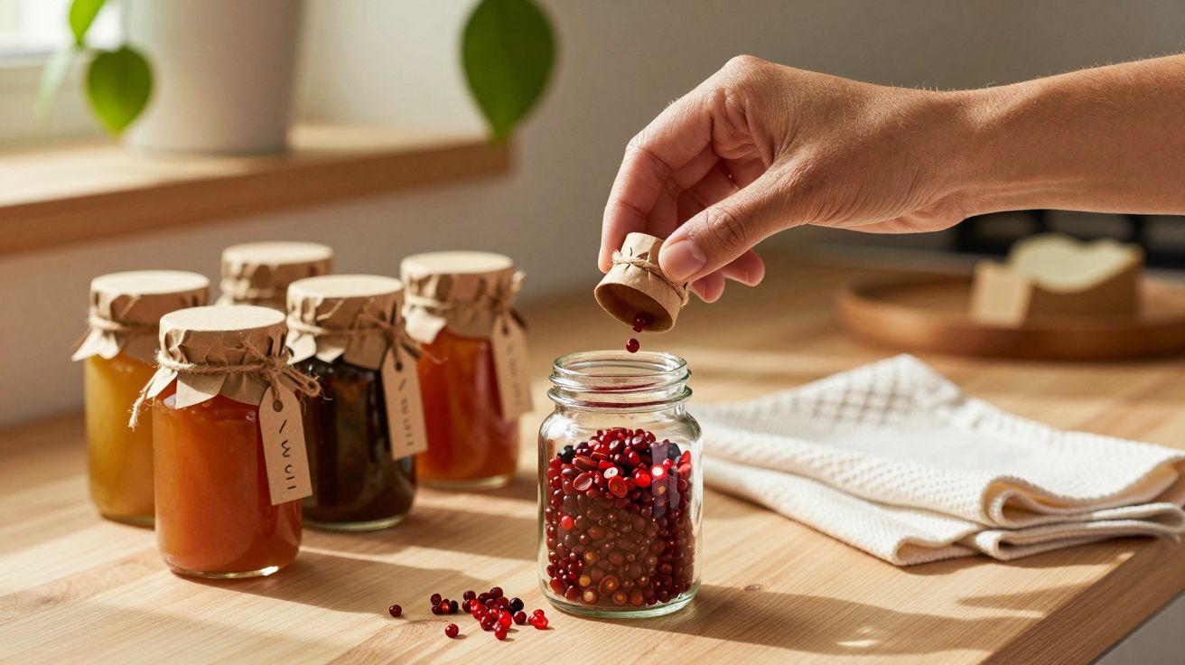 Mão adiciona pimenta rosa num frasco de vidro numa cozinha iluminada, com potes de conservas ao fundo.