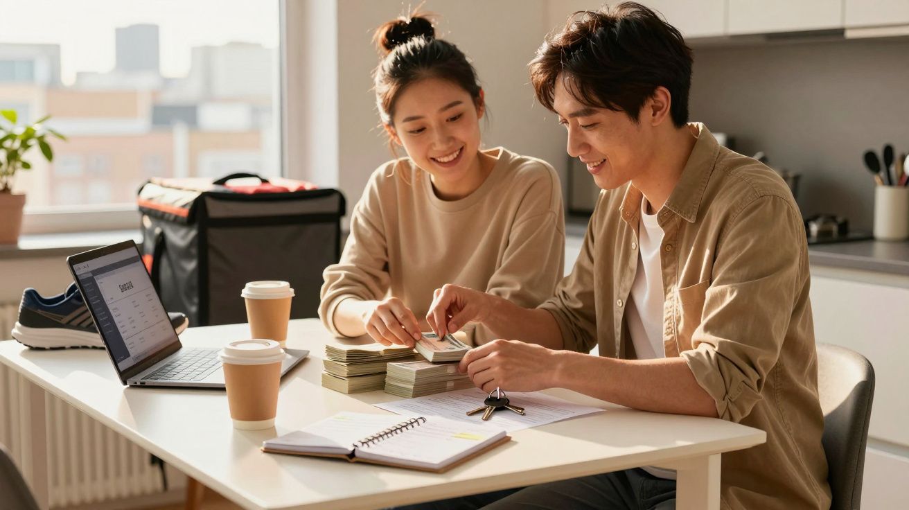 Casal sorridente contabiliza dinheiro à mesa com portátil e cadernos, em casa, em ambiente descontraído e iluminado.