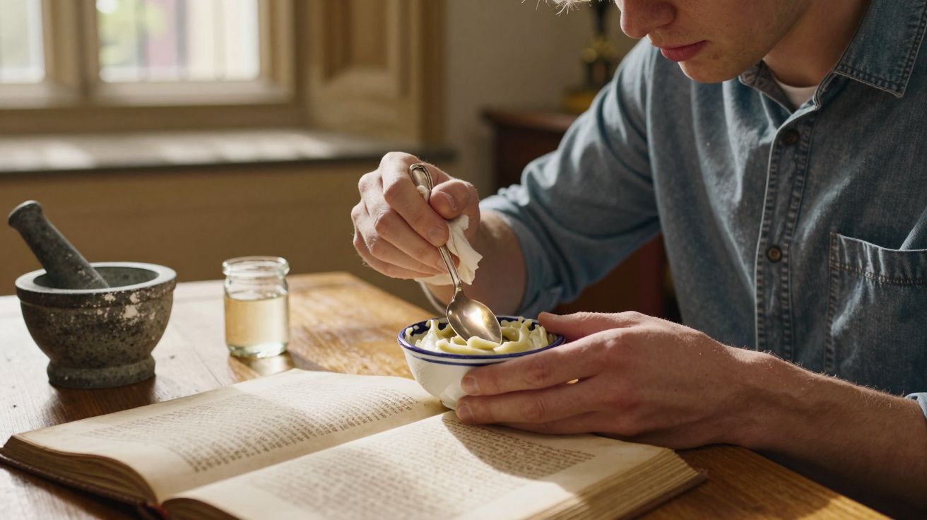 Homem sentado à mesa, lendo livro aberto e misturando comida numa tigela com colher.