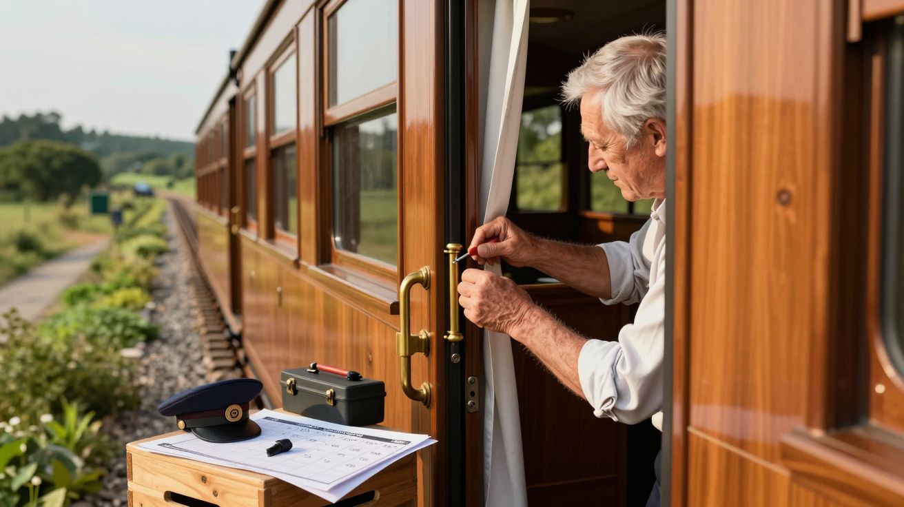 Homem idoso a fechar a porta de um comboio antigo em movimento com interior de madeira polida e mesa com objetos.
