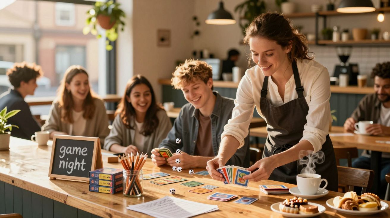 Grupo a jogar cartas num café aconchegante durante a noite de jogos, com bebidas e doces sobre a mesa.