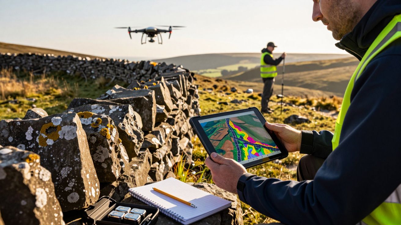Homens com coletes refletores usam tablet e drone para fazer medições num campo aberto.