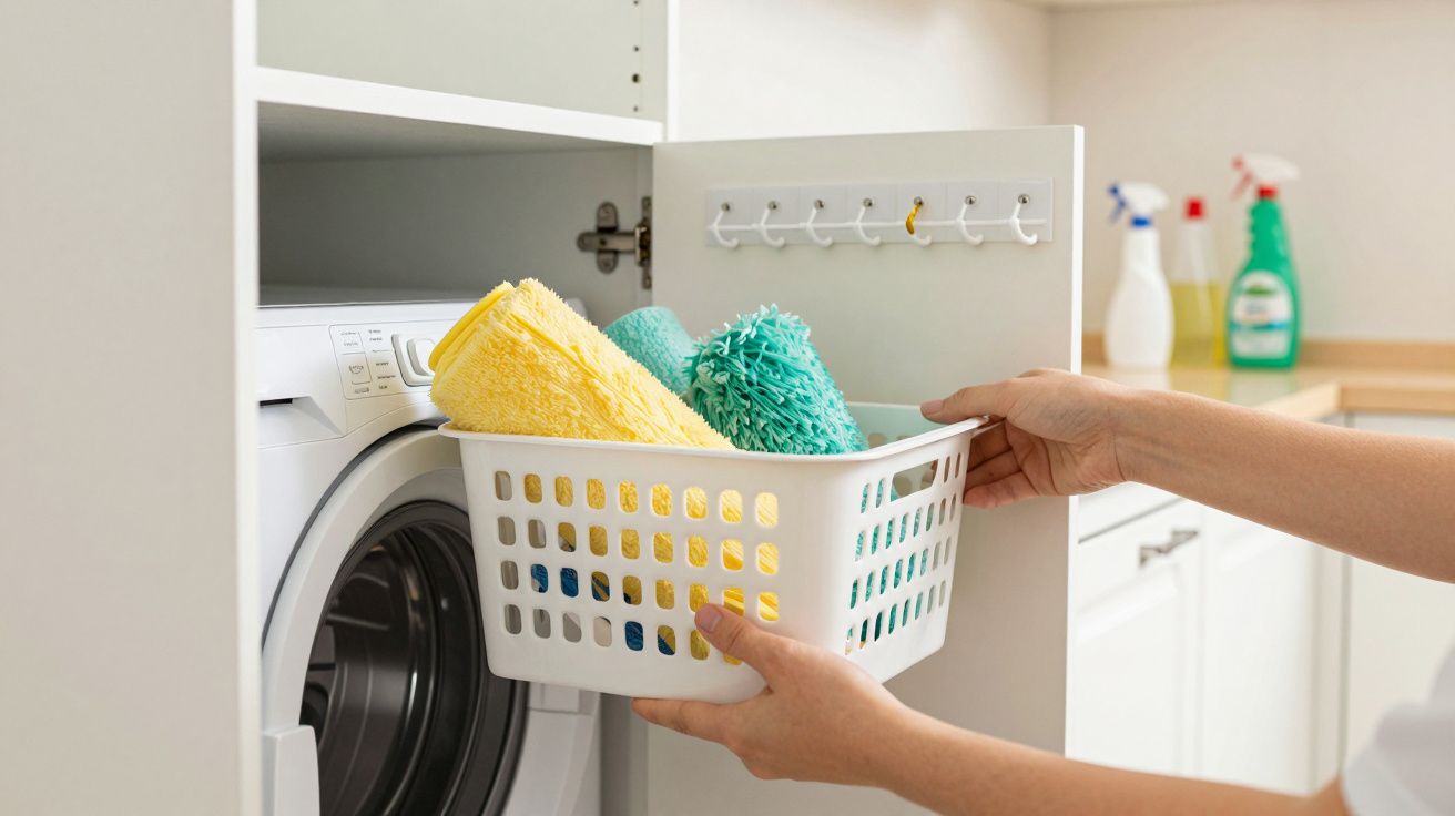 Pessoa a tirar cesto com toalhas coloridas de máquina de lavar roupa numa lavandaria organizada.