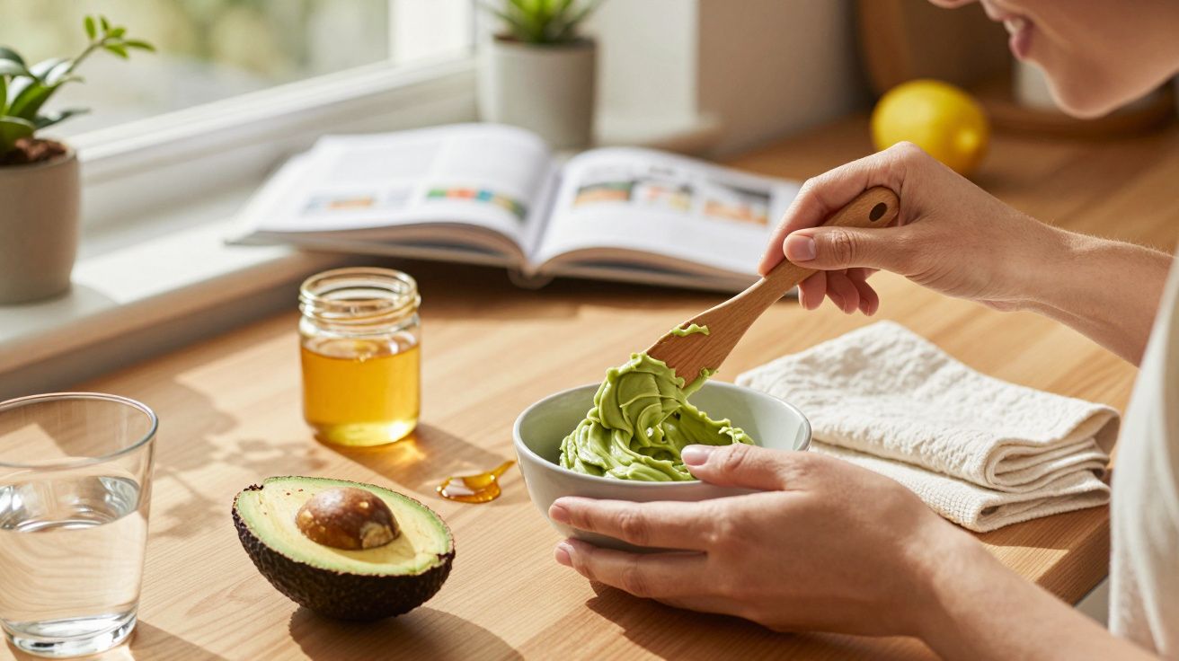 Pessoa a misturar abacate num recipiente, ao lado de mel, toalhas e um copo, com plantas e um livro ao fundo.