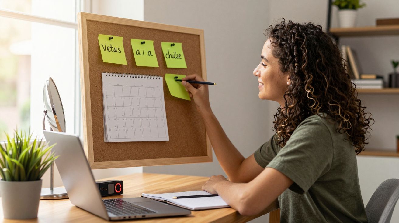 Mulher escreve em post-it em quadro de cortiça numa secretária, ao lado de um portátil e uma planta.