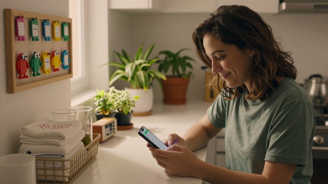 Mulher sentada numa cozinha iluminada, sorrindo enquanto usa o telemóvel, com plantas e toalhas ao fundo.