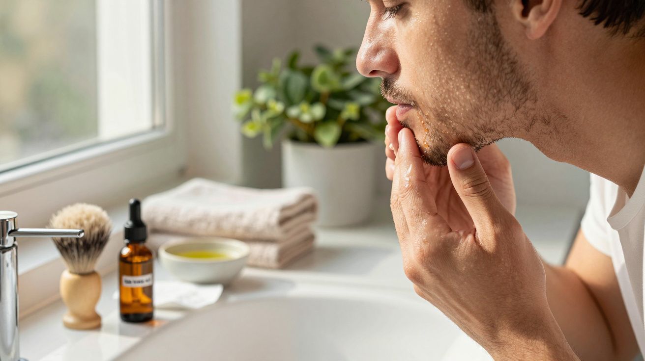 Homem cuidando da barba no banheiro, com produtos de cuidados pessoais e planta ao fundo.
