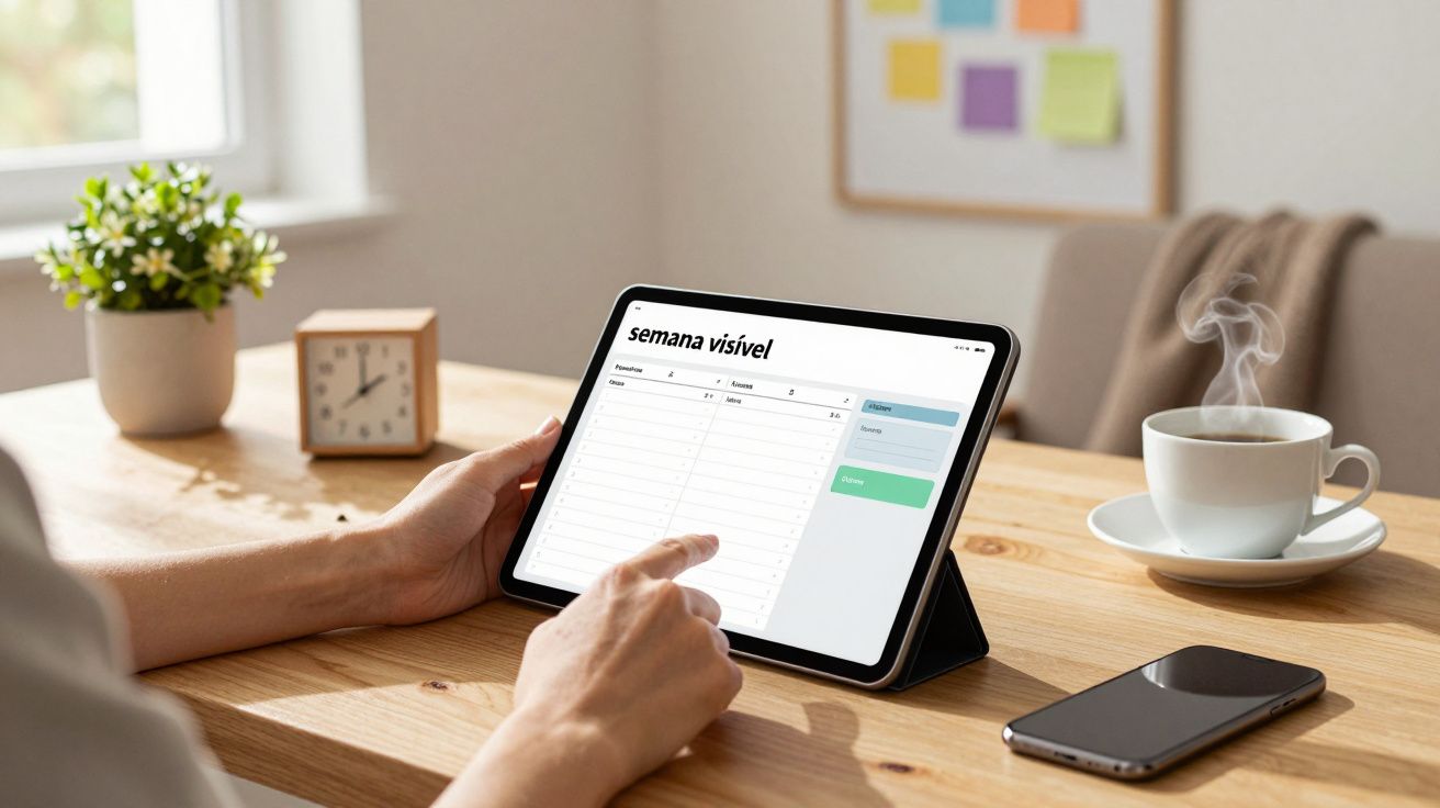 Pessoa usa tablet com agenda semanal em mesa com chávena de café, relógio e planta.