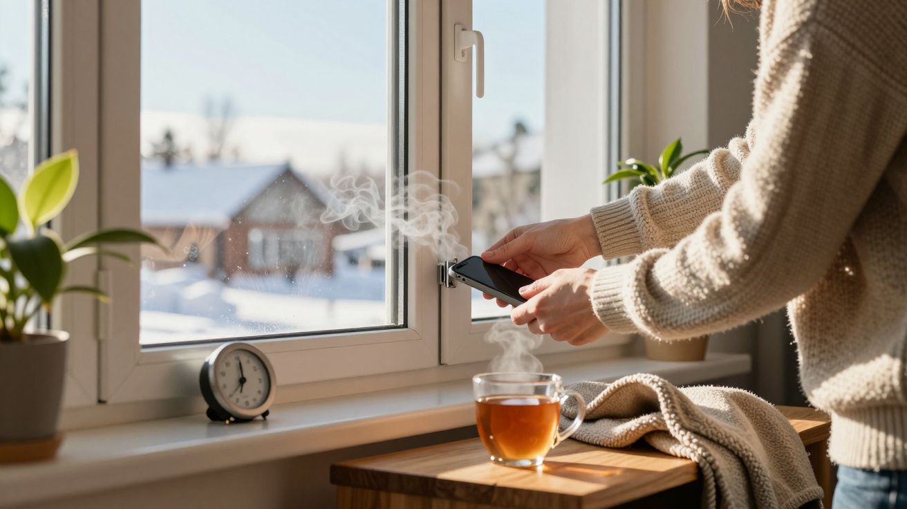 Pessoa segura telefone junto a janela aberta, com chá fumegante numa mesa. Exterior nevado ao fundo.