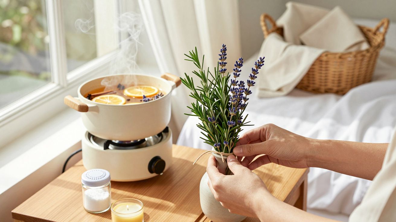 Pessoa arranja lavanda num vaso ao lado de uma panela de infusão aromática numa mesa de madeira junto a uma janela.