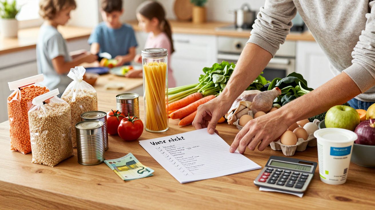Pessoa a verificar lista de compras com comida saudável numa cozinha, enquanto crianças cozinham ao fundo.
