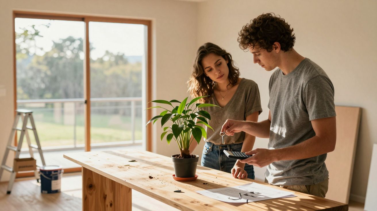 Casal a calcular despesas numa mesa de madeira com planta, em sala iluminada.