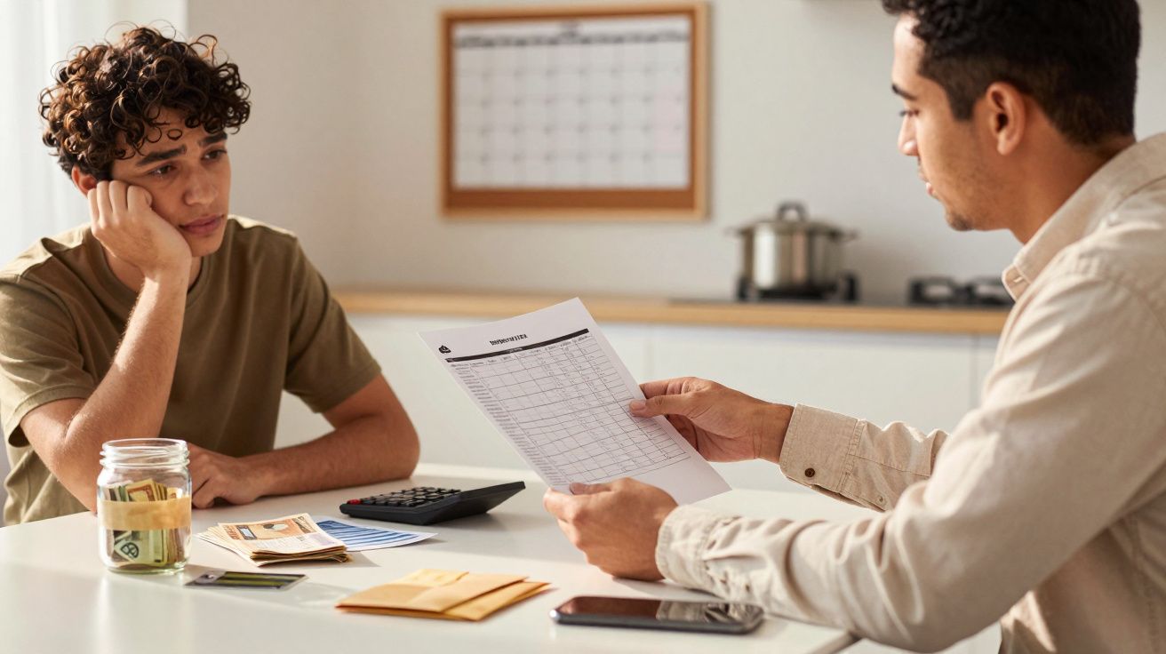 Dois homens discutem finanças à mesa, com documentos, calculadora e jarra com dinheiro em notas.