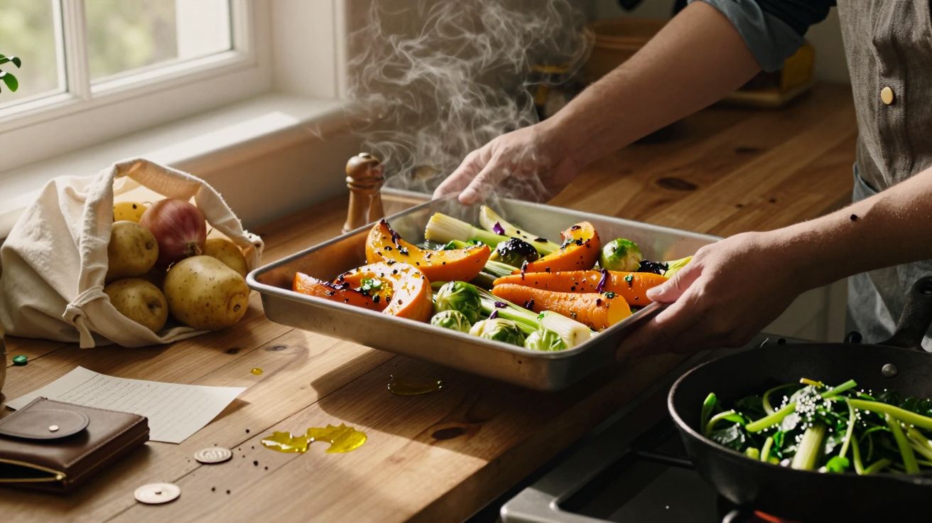 Pessoa colocando uma travessa de legumes assados numa bancada de cozinha, com batatas e especiarias ao redor.