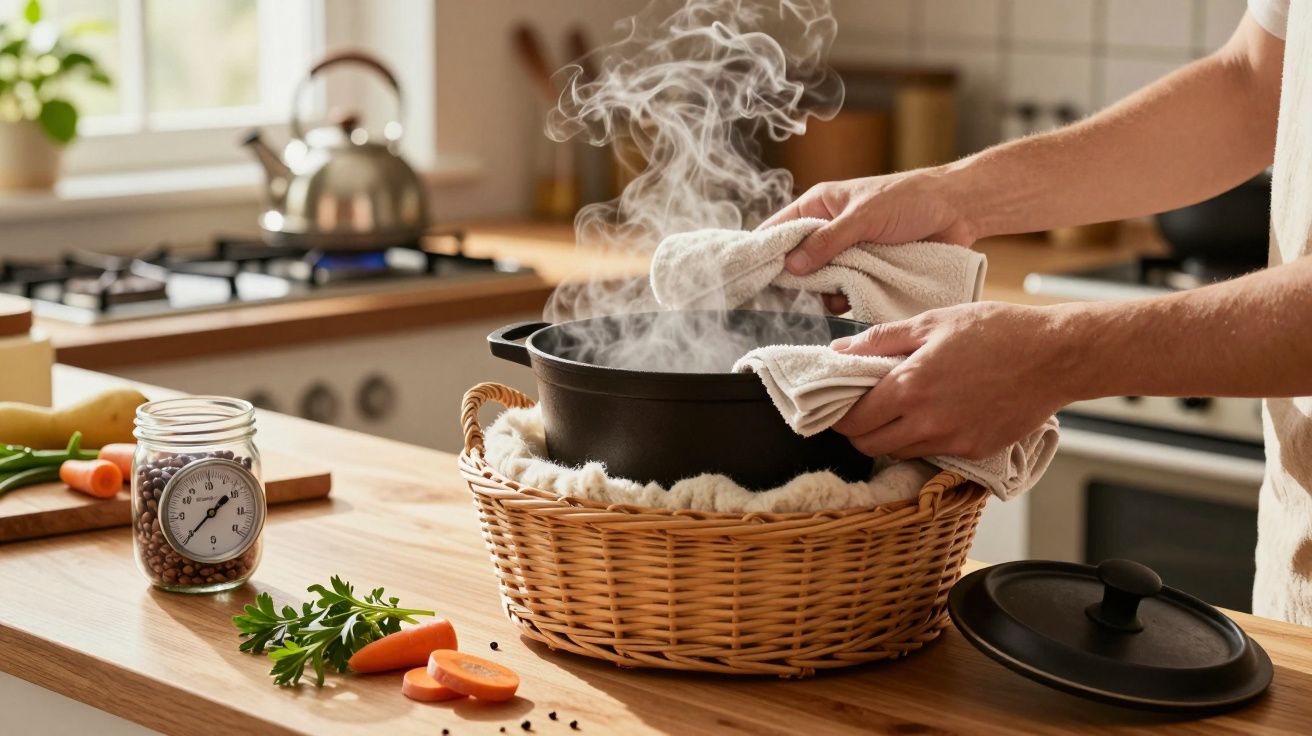 Pessoa leva panela de ferro fumegante com toalha em cozinha, ao lado de cenouras e ervas.