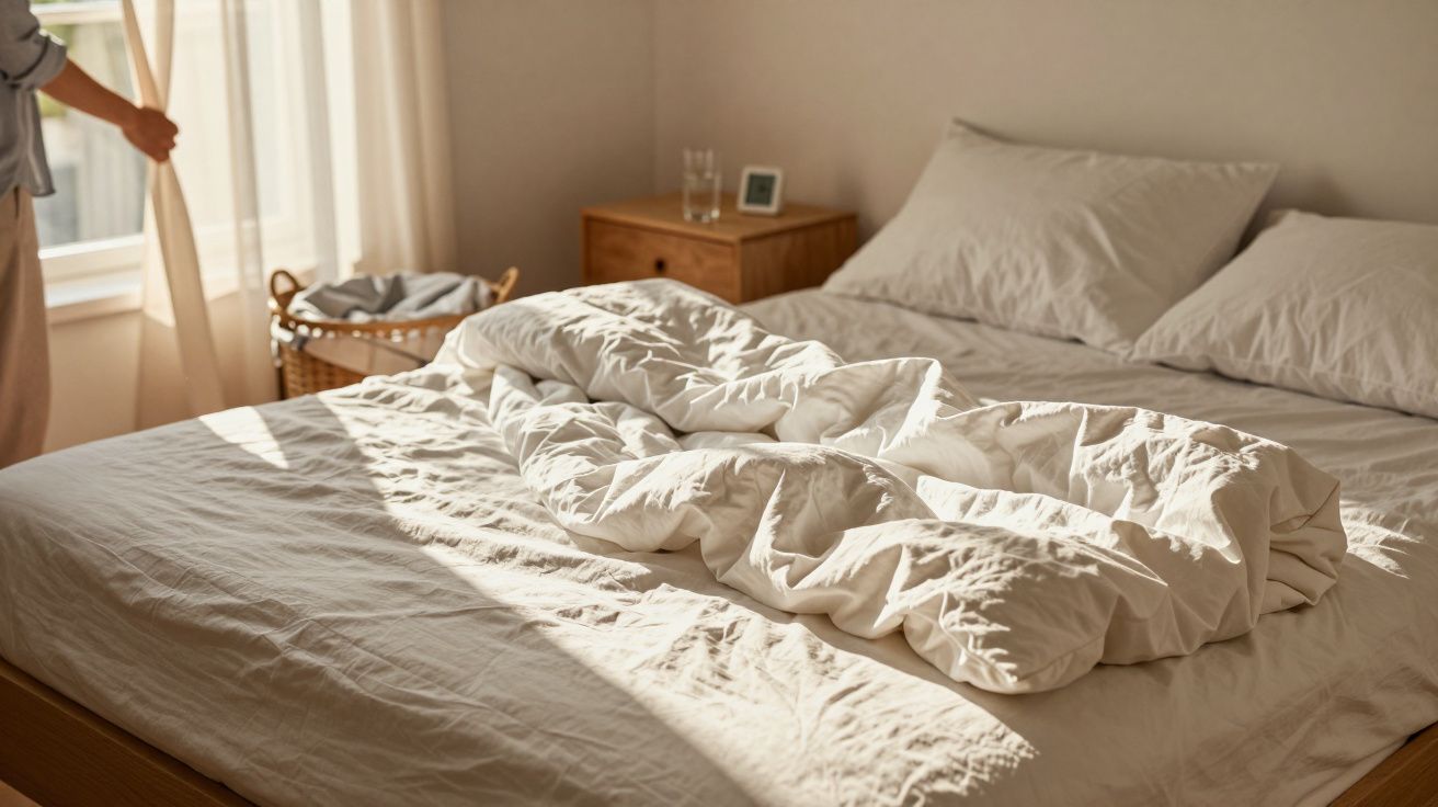 Cama desfeita com lençóis brancos em quarto iluminado por sol matinal, cortinas abertas e mesa de cabeceira ao fundo.