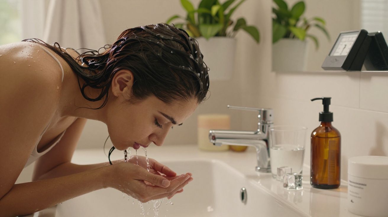 Mulher lavando o rosto numa casa de banho, cabelo molhado, com plantas e produtos ao fundo.
