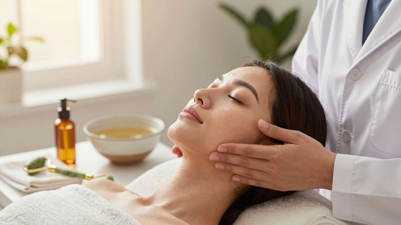 Mulher relaxa durante tratamento facial em spa, recebendo massagem do rosto. Produto e tigela visíveis ao fundo.