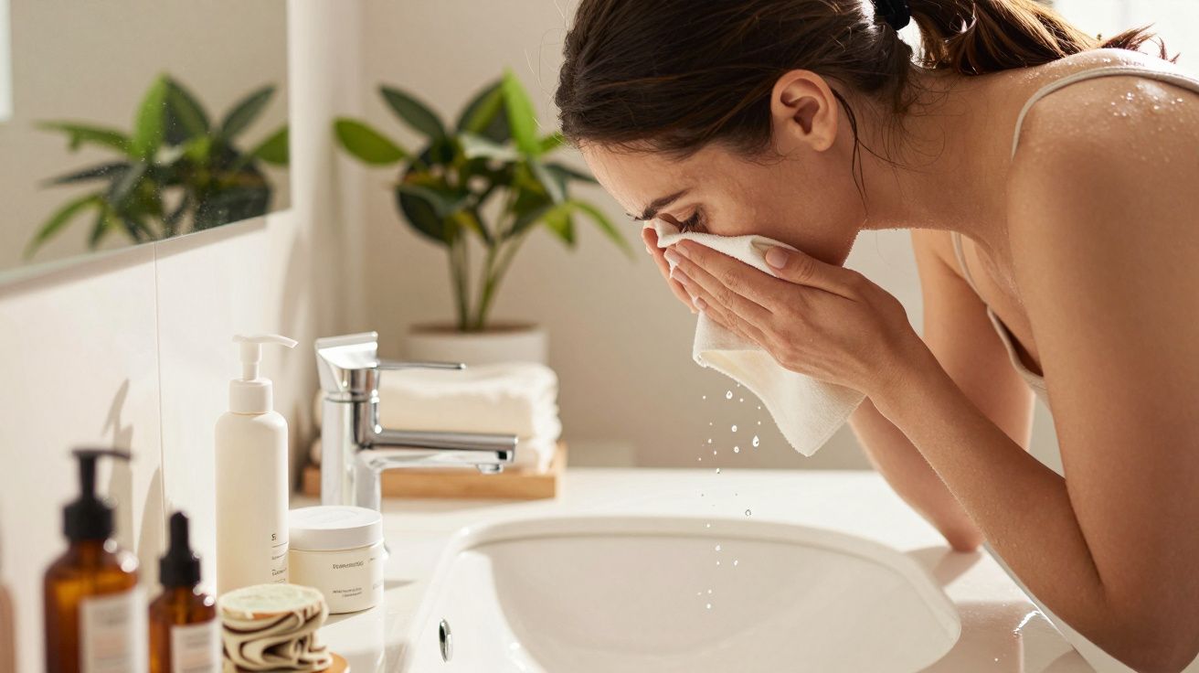 Mulher lavando o rosto numa casa de banho moderna, com plantas e produtos de cuidado pessoal ao fundo.