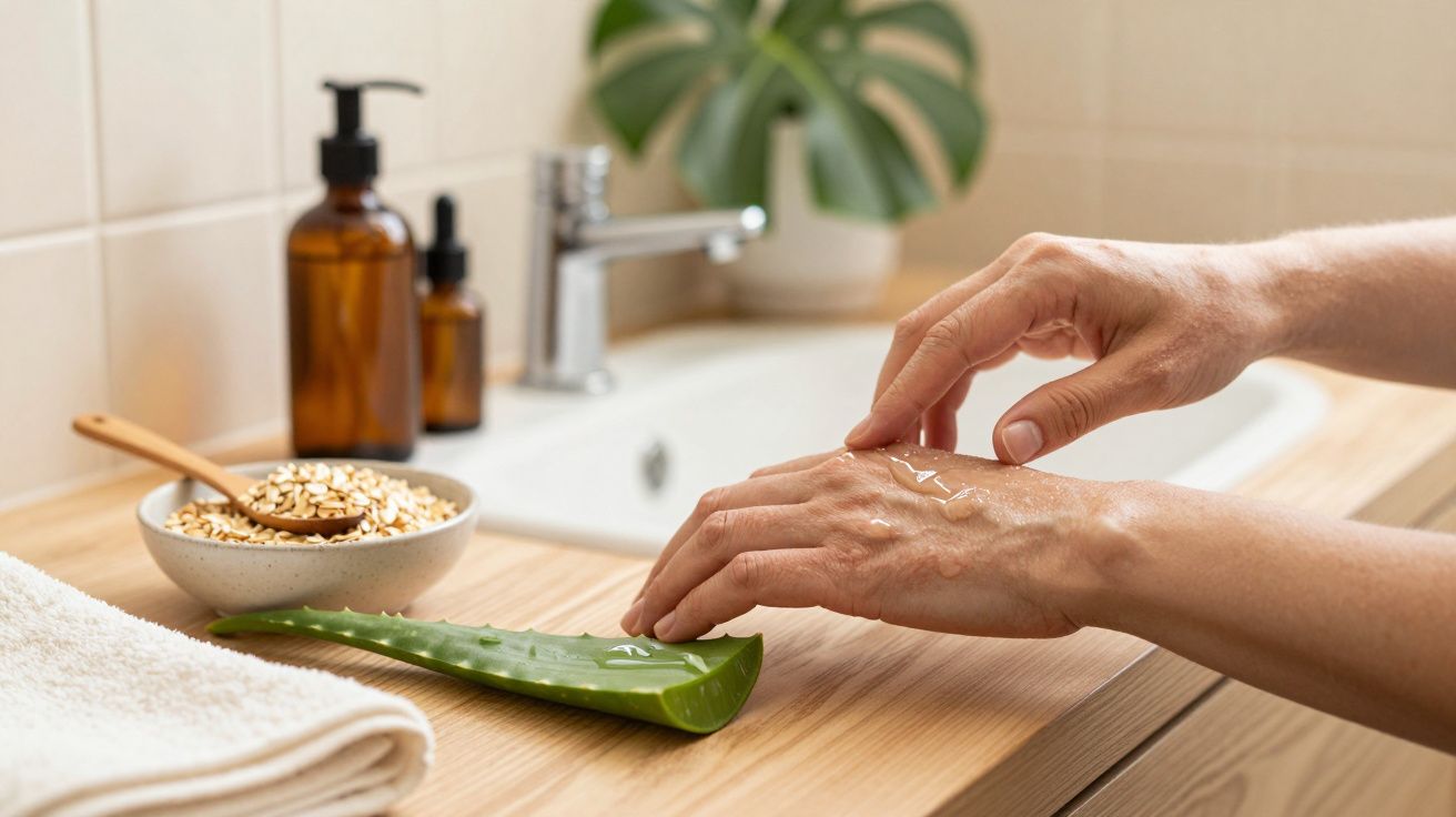 Mãos aplicando gel de aloe vera, com aveia em tigela e toalha em bancada de madeira no banheiro.