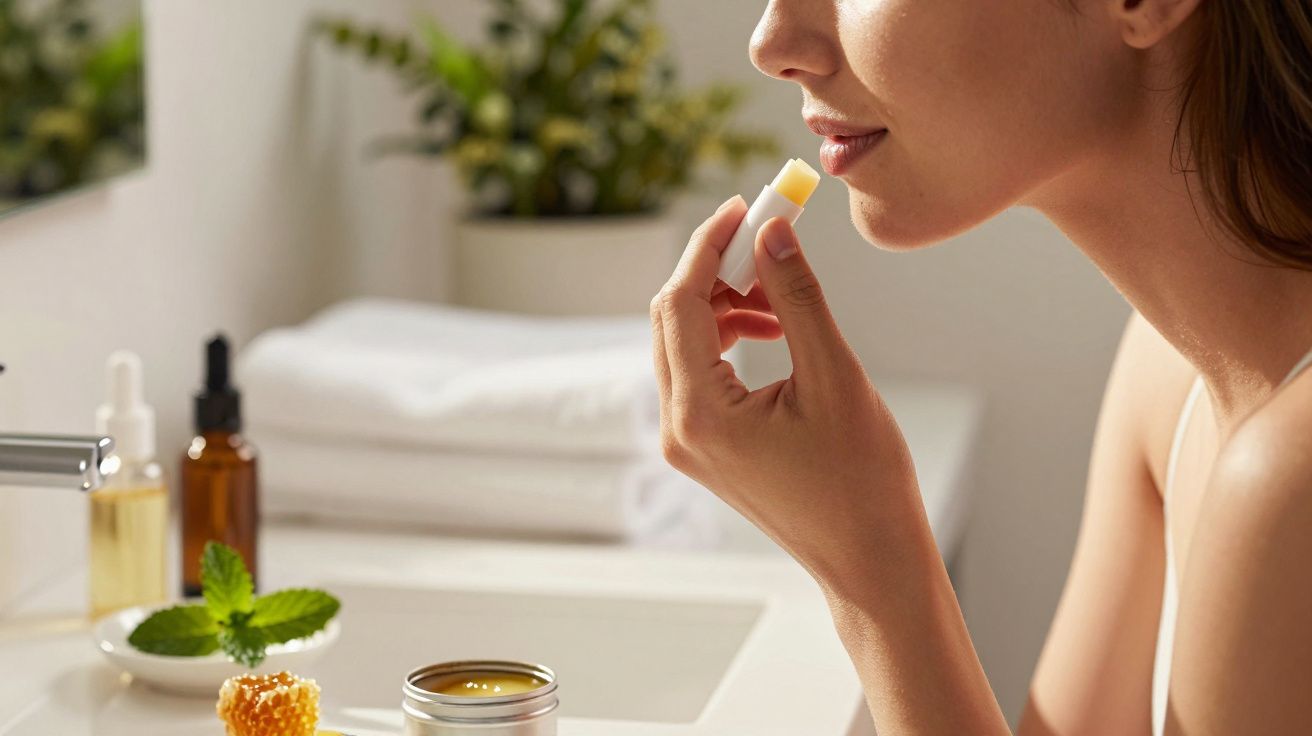Mulher aplicando bálsamo labial, com frascos e plantas na casa de banho ao fundo.