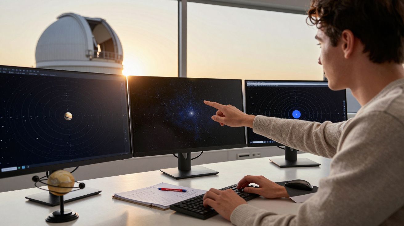 Pessoa analisa imagens do espaço em três monitores num observatório ao entardecer.
