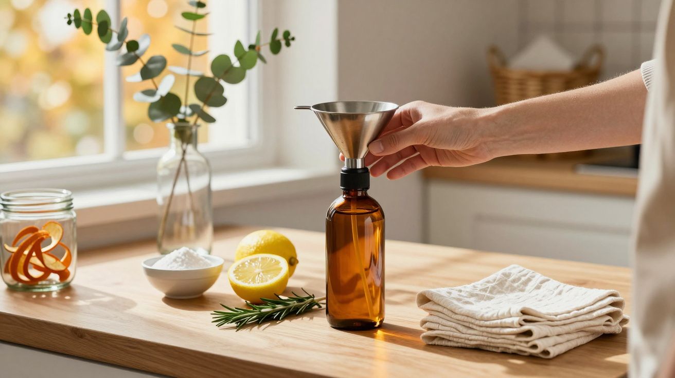 Mão segurando funil sobre uma garrafa âmbar, com limões, sal e alecrim sobre bancada de madeira na cozinha.