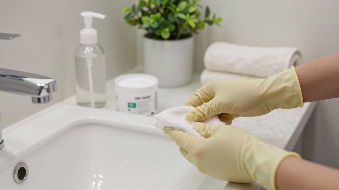 Mãos com luvas amarelas limpando uma pia branca com esponja; planta e toalhas ao fundo.