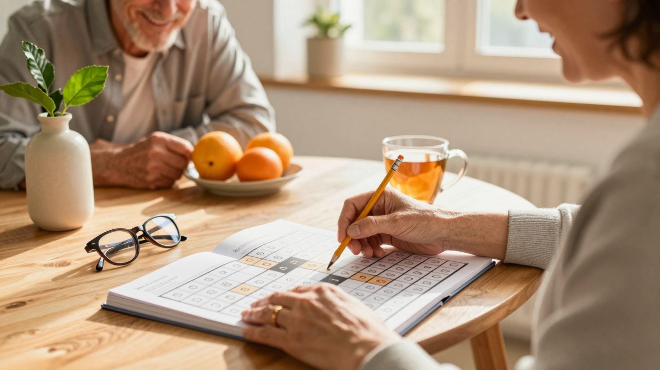 Pessoa resolve um puzzle de Sudoku numa mesa com frutas e chá. Outro adulto observa sorridente.
