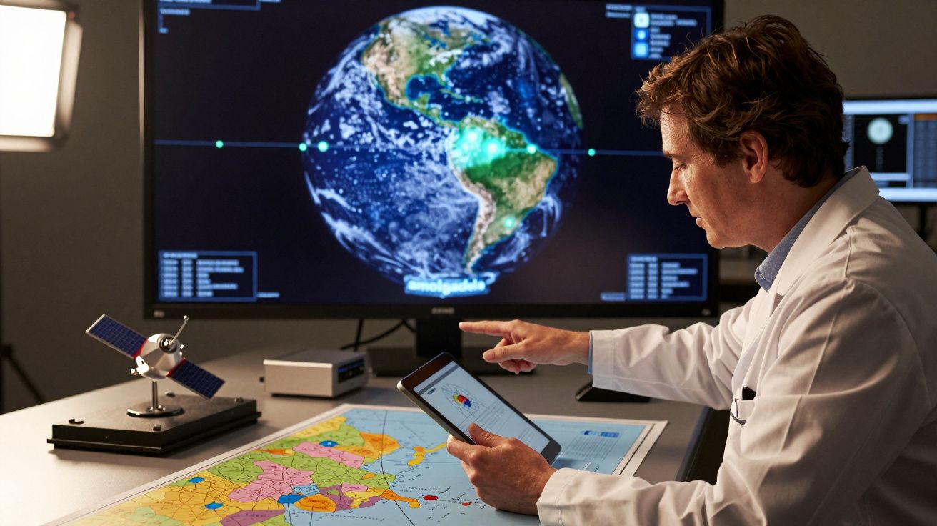 Homem de bata de laboratório consulta tablet com mapa na mesa, monitor com imagem de satélite da Terra ao fundo.