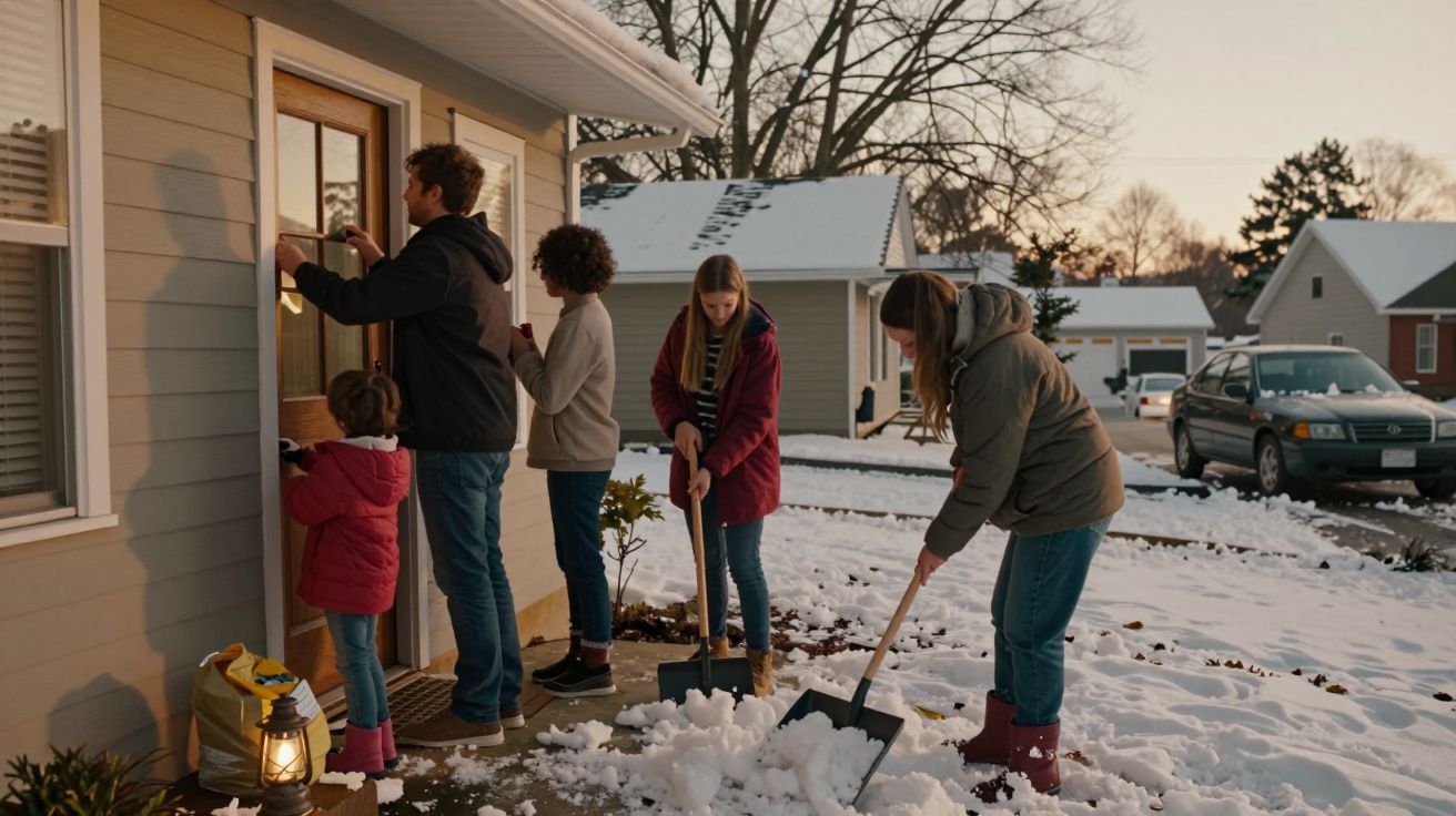 Cinco pessoas removem neve à porta de uma casa ao entardecer, com pás e vassoura.