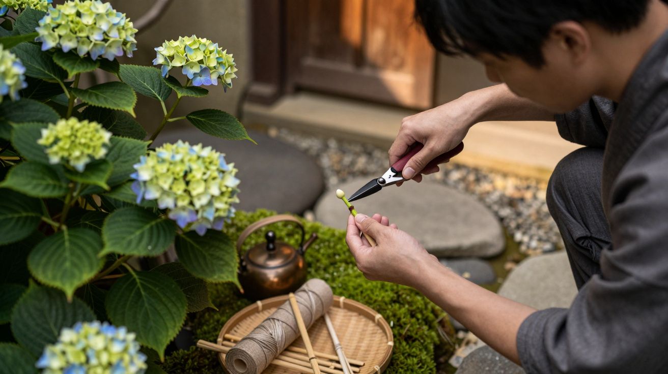 Homem cuidando de hortênsias no jardim com tesoura de poda, ao lado de tabuleiro de bambu e chaleira.