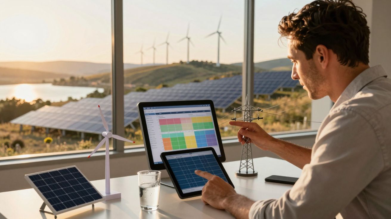 Homem trabalha em tablets com gráficos, modelos de energia solar e eólica, visão de turbinas e painéis solares ao fundo.