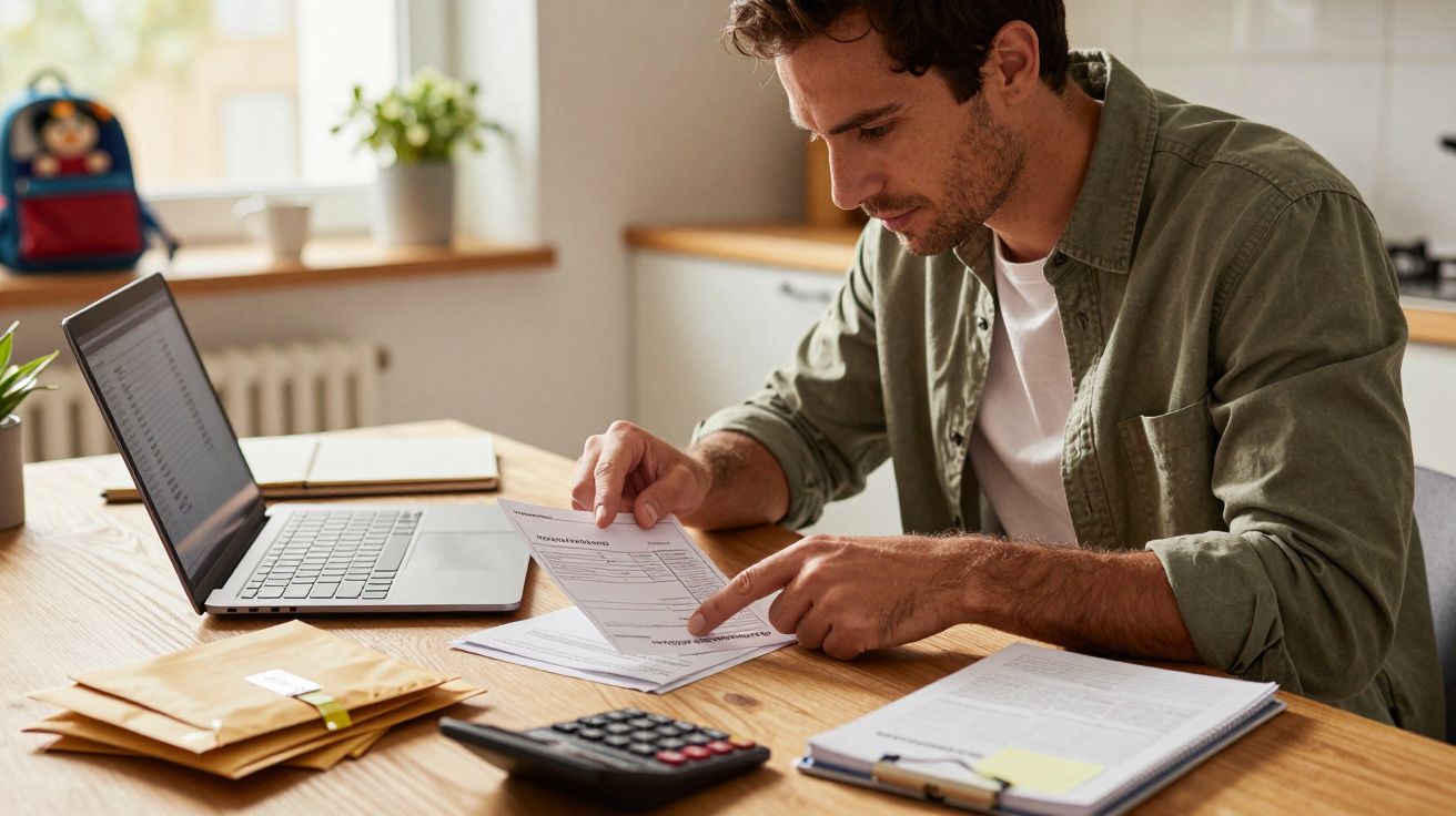 Homem a revisar documentos numa mesa, com portátil, calculadora e envelopes ao seu redor.