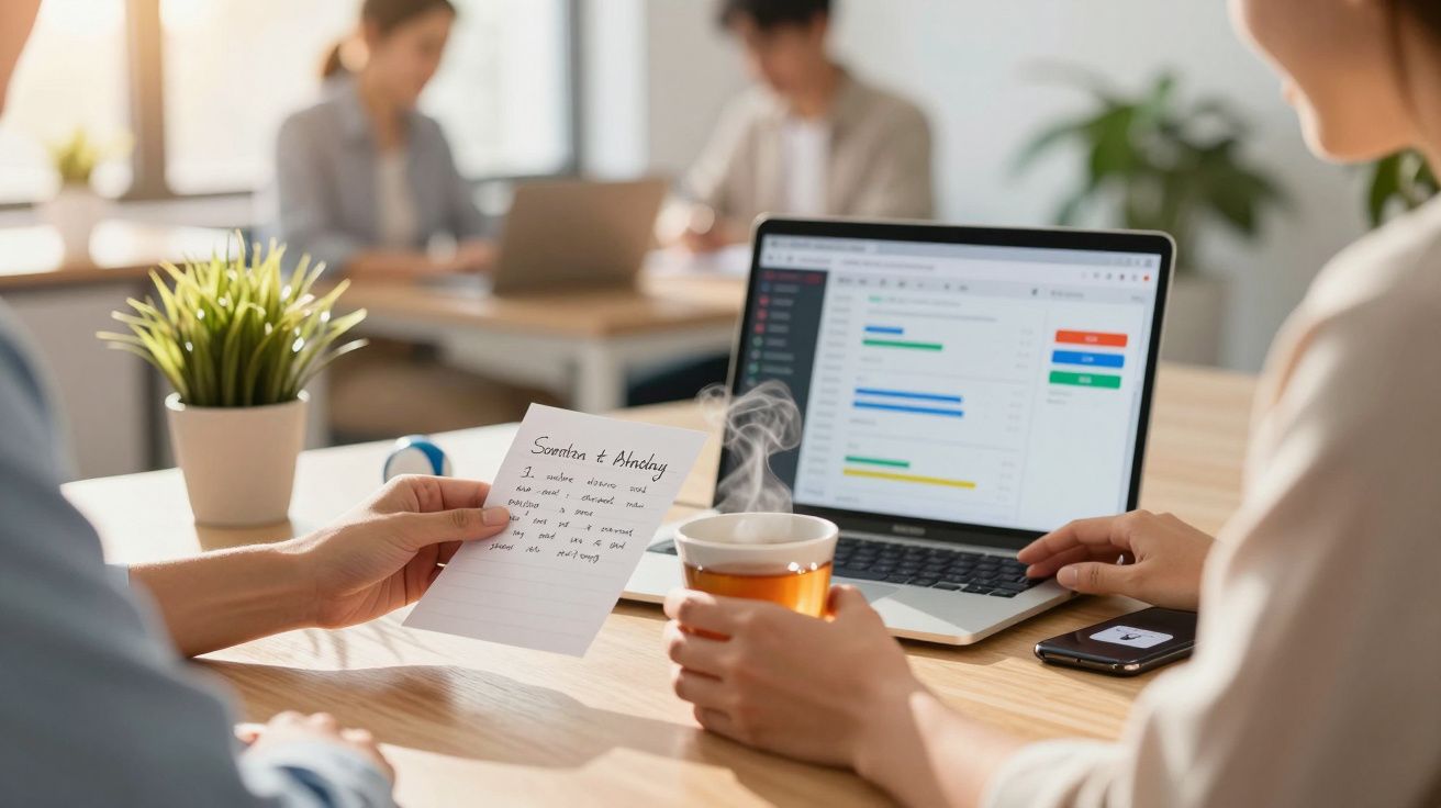 Pessoas num escritório, com computador portátil e gráficos numa mesa, segurando notas e uma chávena de chá.