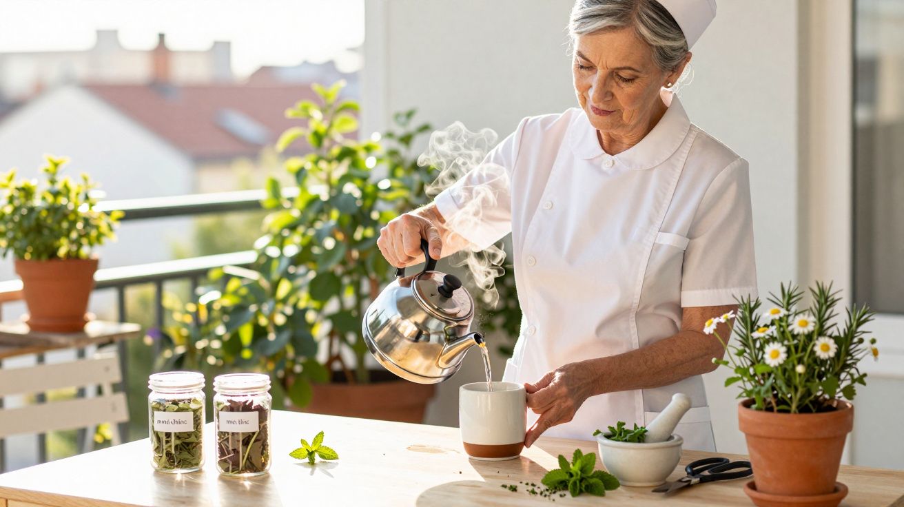 Mulher idosa vertendo água de chaleira em chávena, rodeada de plantas e ervas num terraço ensolarado.