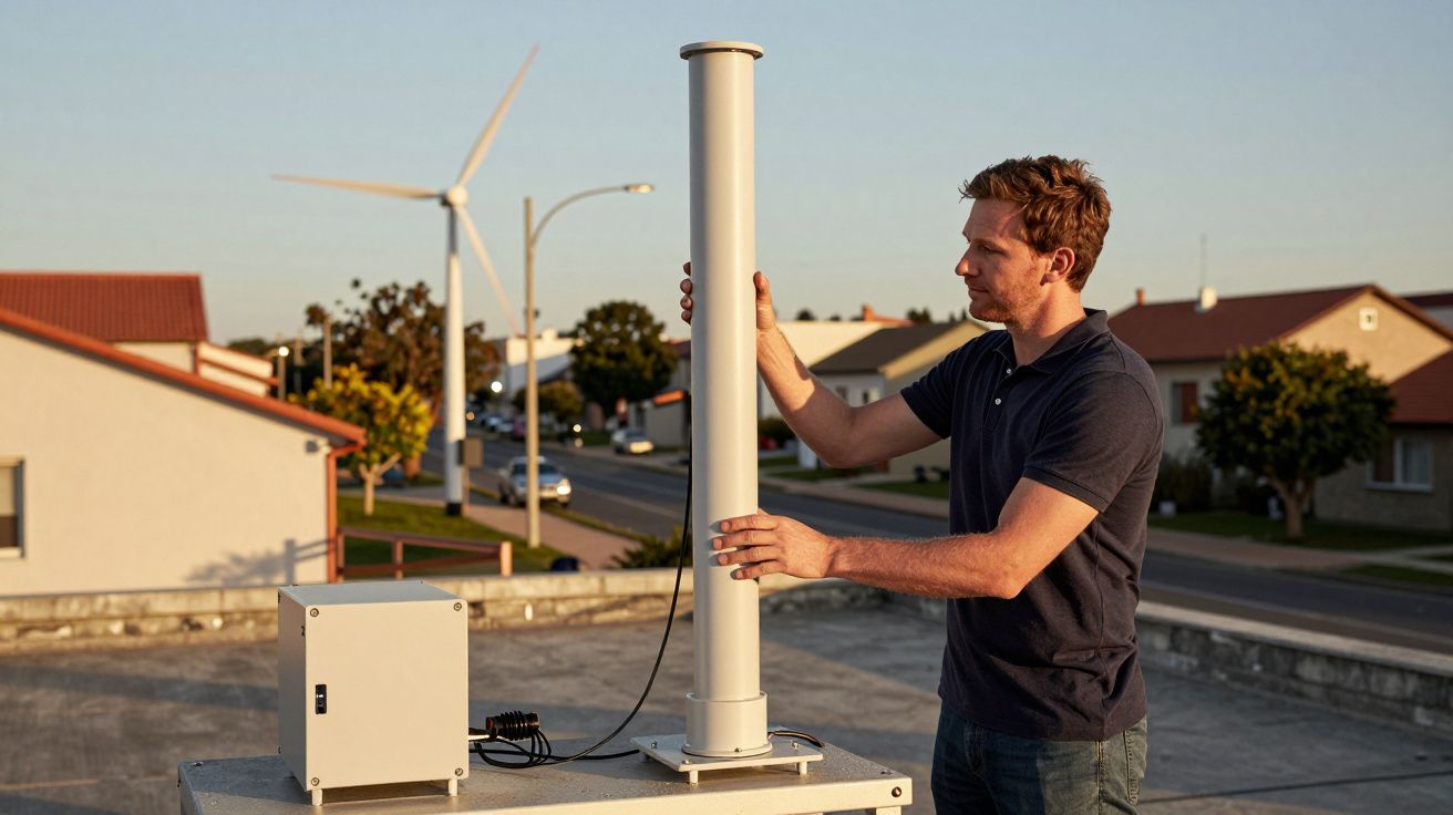 Homem ajusta equipamento em telhado com turbina eólica ao fundo.