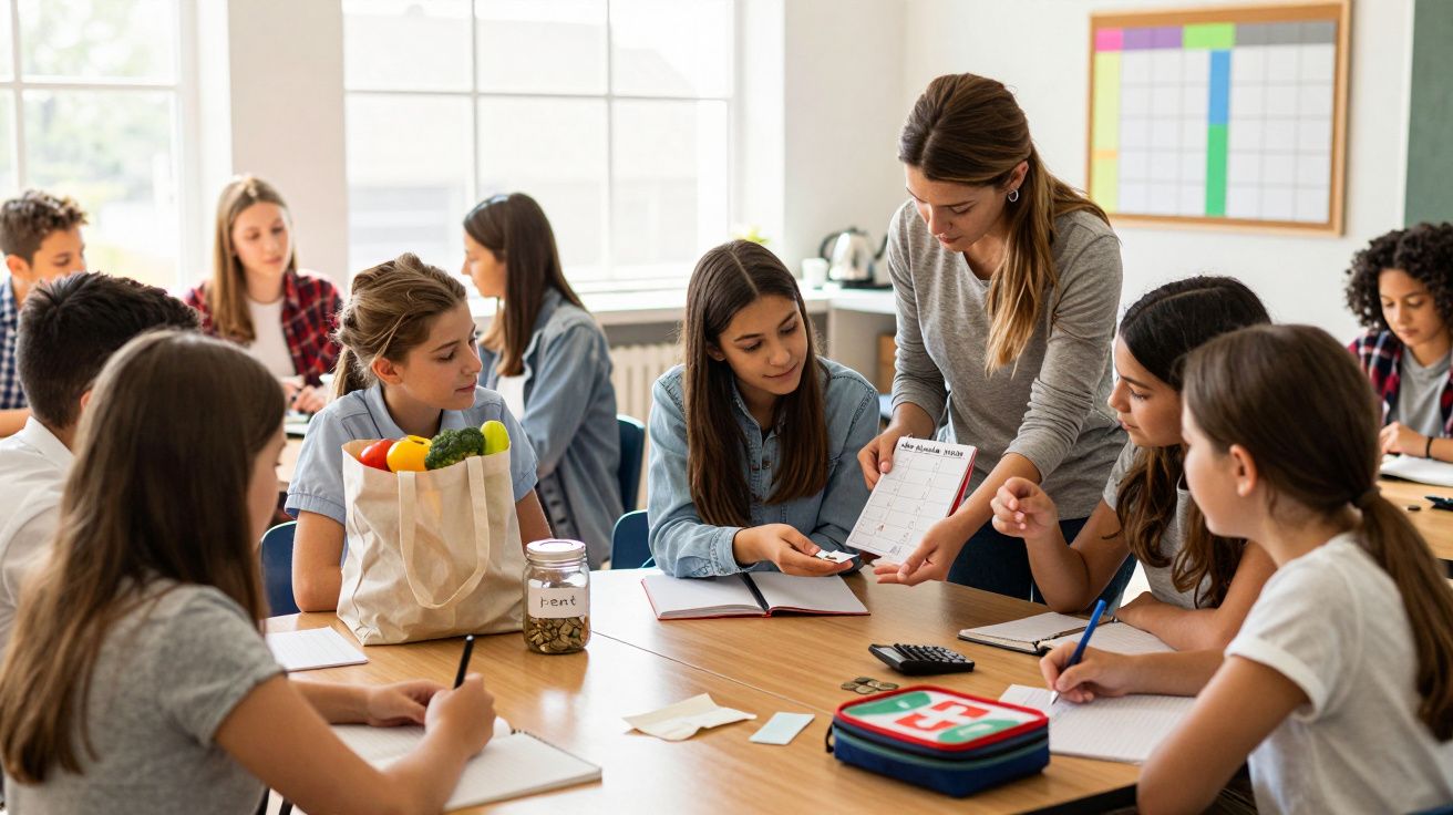 Sala de aula com alunos sentados à mesa, interagindo com professora que mostra um papel.