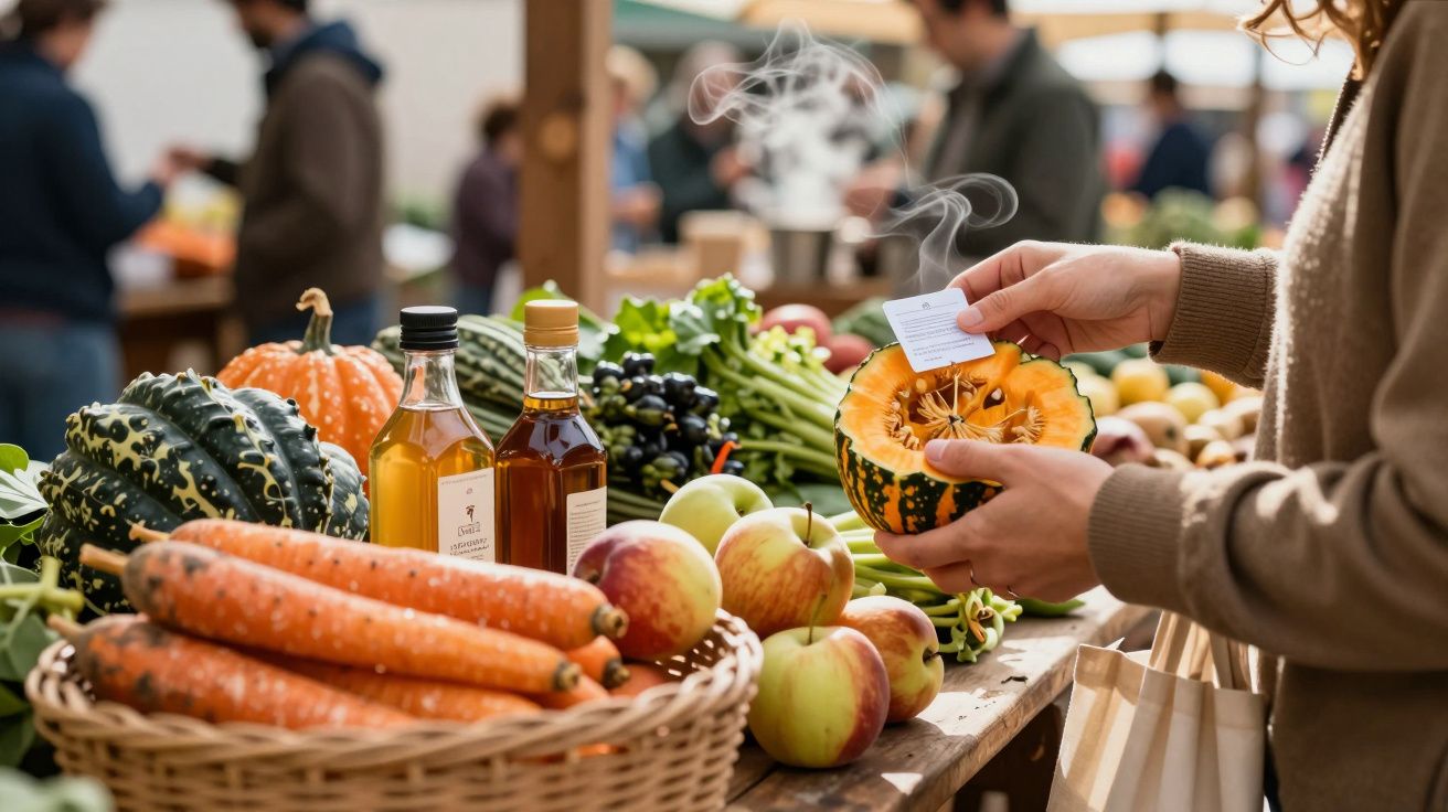 Pessoa segura uma abóbora cortada num mercado ao ar livre, rodeada de vegetais, garrafas de azeite e frutas.
