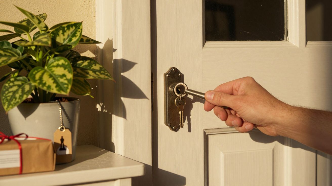 Mão a inserir chave numa fechadura de porta branca; planta e presente sobre uma mesa ao lado.