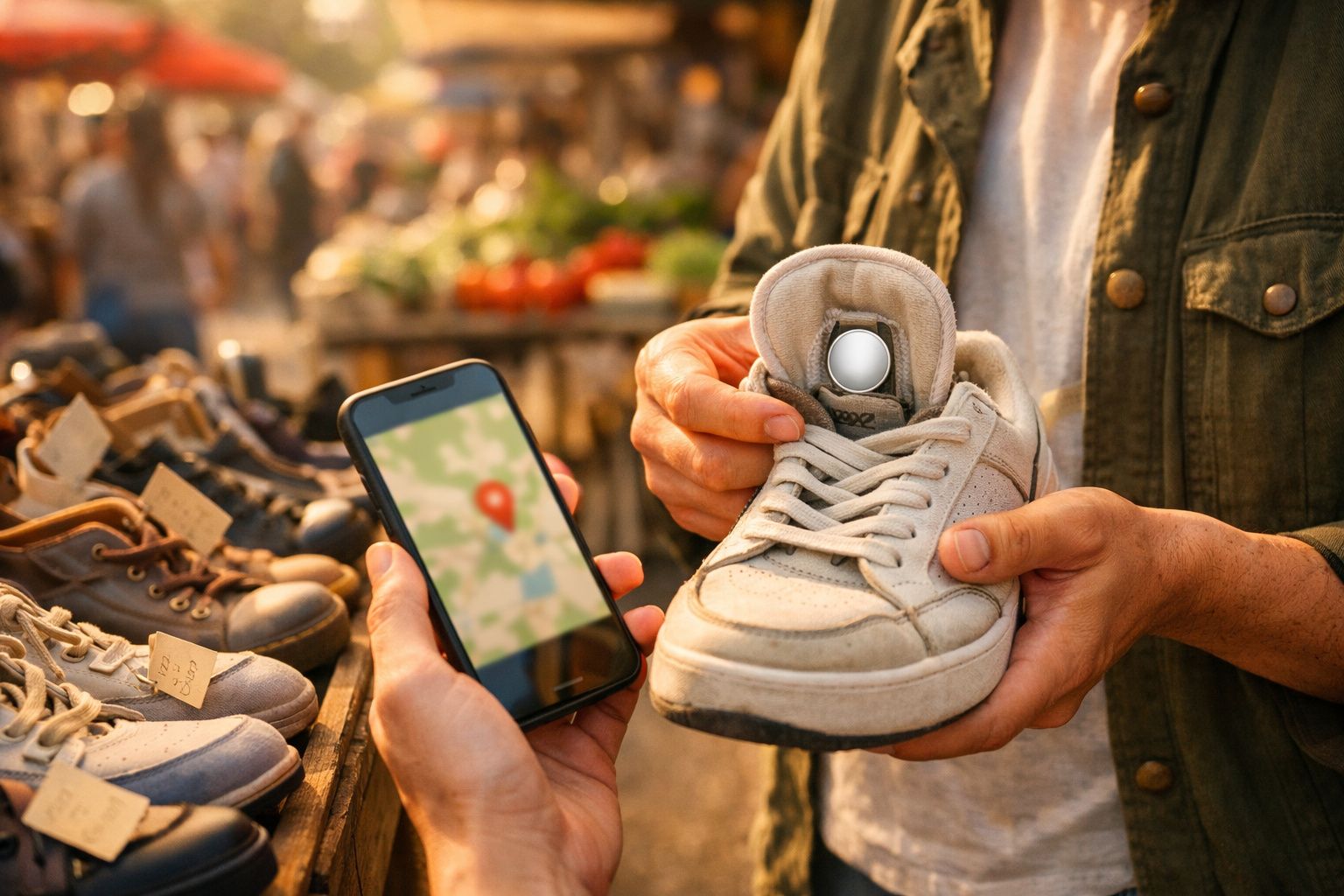 Pessoa segurando sapato azul com etiqueta Air em caixa de doação. Moedas e roupas ao fundo.