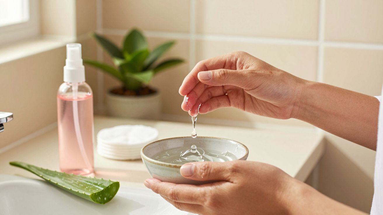 Mãos seguram tigela com líquido, ao lado de aloé vera, frasco de spray e planta em bancada de casa de banho.