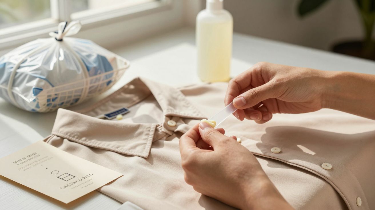 Mãos adesivando botão numa camisa bege sobre mesa, com cesta e garrafa ao fundo, à luz do sol.