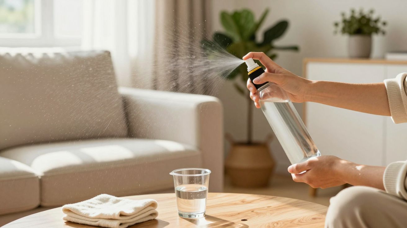 Pessoa borrifa spray no ar em sala iluminada, com copo e toalha em mesa de madeira.